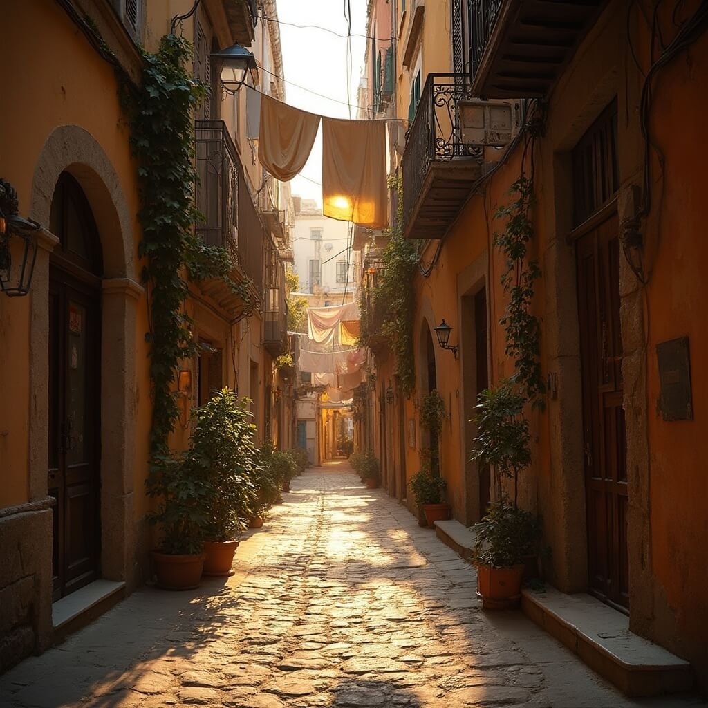 Naples in April: Your Ultimate Spring Travel Guide Sunset view of a narrow alley in Naples' Spanish Quarter, showcasing weathered stone buildings, hanging laundry lines, a hidden pizzeria entrance illuminated by warm golden light, terracotta walls, rustic wooden door, climbing plants and visible aroma of wood-fired pizza from a window.