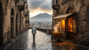 "Solo traveler walking on Naples' cobblestone streets with ancient buildings, lit cafe window, street vendor roasting chestnuts and the Vesuvius mountain faint in the misty background, capturing Southern Italy's off-season charm."