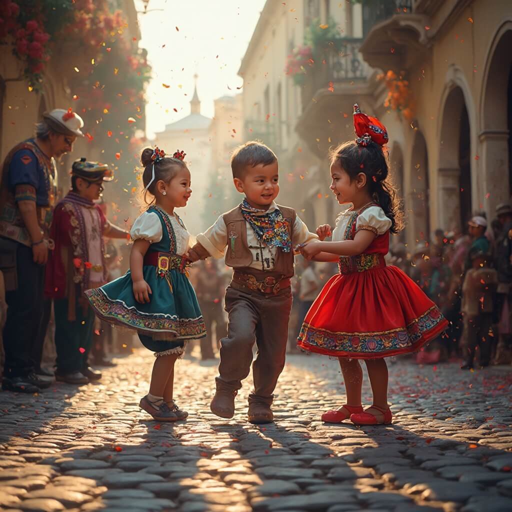 Uncrowded Naples: Your Ultimate February Travel Guide Children in colorful traditional costumes dancing on a cobblestone street during a vibrant Carnevale in a small Neapolitan town, with festive street performers, historic buildings, falling confetti and warm ambient lighting capturing the community spirit.