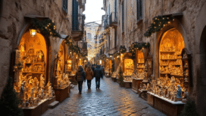 "Winter scene of Via San Gregorio Armeno in Naples with tourists exploring traditional Italian artisan shops, ancient architecture, handcrafted nativity scenes and Christmas decorations under an overcast sky."