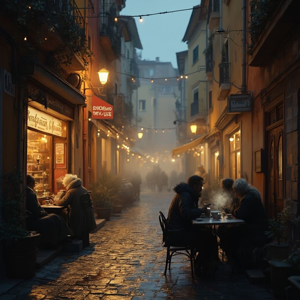 Naples in January: Your Ultimate Off-Season Travel Guide You Never Knew You Needed Warmly lit Neapolitan street at dusk with rain-slicked cobblestones, old buildings with faded colors, locals in winter coats chatting near a cafe, and fog for an atmospheric, vintage mood.