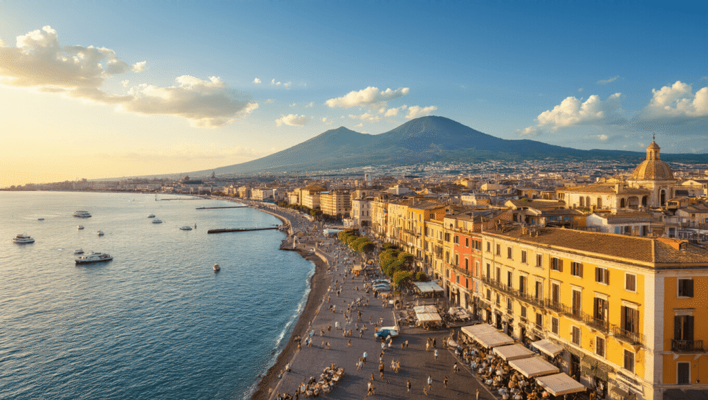 "Aerial view of Naples during golden hour, featuring Mount Vesuvius, Mediterranean Sea, colorful Spaccanapoli buildings, Castel dell'Ovo on the waterfront, nearby islands, and street life scenes in early summer ambiance."
