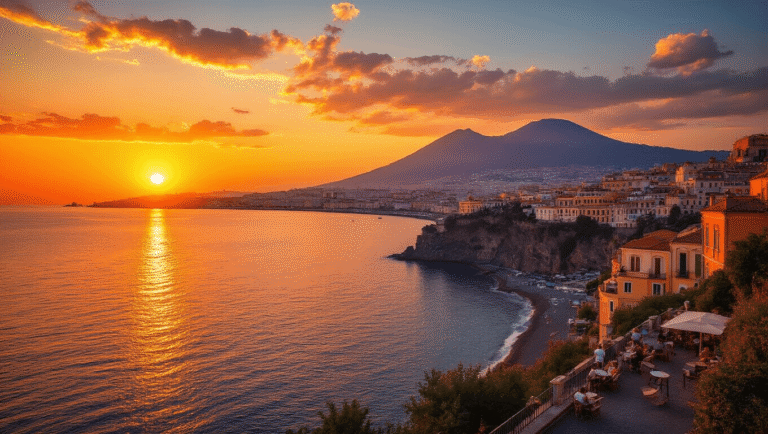Naples in August: The Ultimate Sun-Soaked Adventure You Can't Miss "Sunset over Naples' Posillipo coastline with Mount Vesuvius silhouette, golden light on traditional buildings, and locals at outdoor terraces"