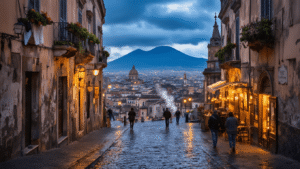 🌊 Why Naples in March? Your Ultimate Insider's Guide to Italy's Most Unpredictable Shoulder Season Destination "Dramatic wide-angle view of historic Naples cityscape at dusk, cobblestone streets glistening from rain, locals in light jackets, warm café lights illuminating medieval architecture and Mount Vesuvius in the background under moody March clouds."