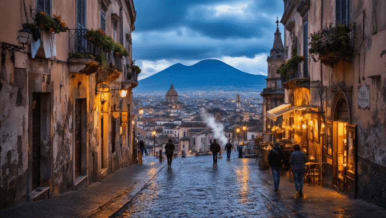 🌊 Why Naples in March? Your Ultimate Insider's Guide to Italy's Most Unpredictable Shoulder Season Destination "Dramatic wide-angle view of historic Naples cityscape at dusk, cobblestone streets glistening from rain, locals in light jackets, warm café lights illuminating medieval architecture and Mount Vesuvius in the background under moody March clouds."
