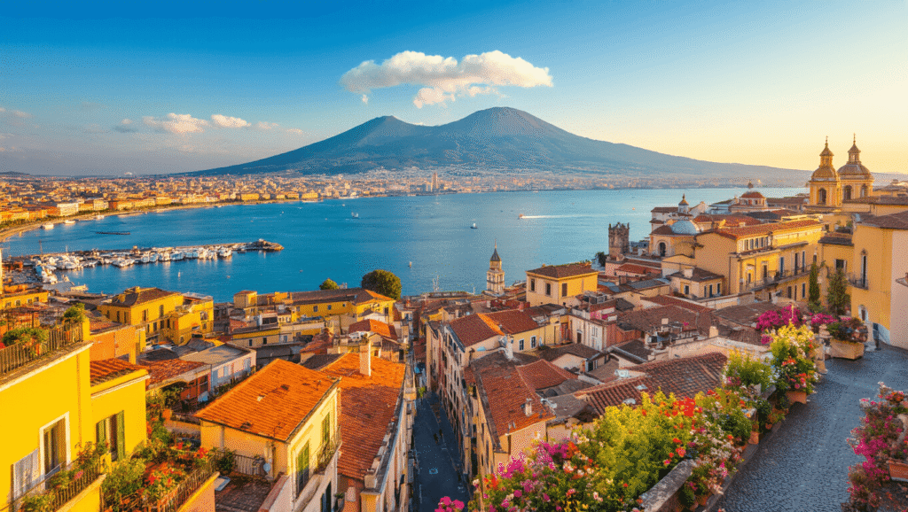 Naples in May: Your Ultimate Mediterranean Escape "Aerial view of Naples in springtime with Mount Vesuvius, colorful cityscape, blooming flowers, historic buildings, Bay of Naples, café umbrellas, and distant Capri on the horizon in golden hour lighting."
