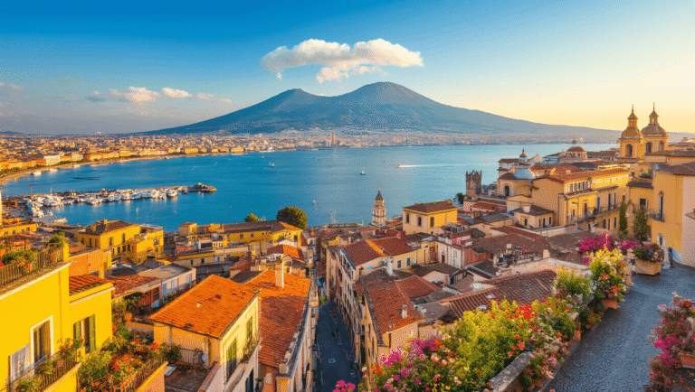 Naples in May: Your Ultimate Mediterranean Escape "Aerial view of Naples in springtime with Mount Vesuvius, colorful cityscape, blooming flowers, historic buildings, Bay of Naples, café umbrellas, and distant Capri on the horizon in golden hour lighting."