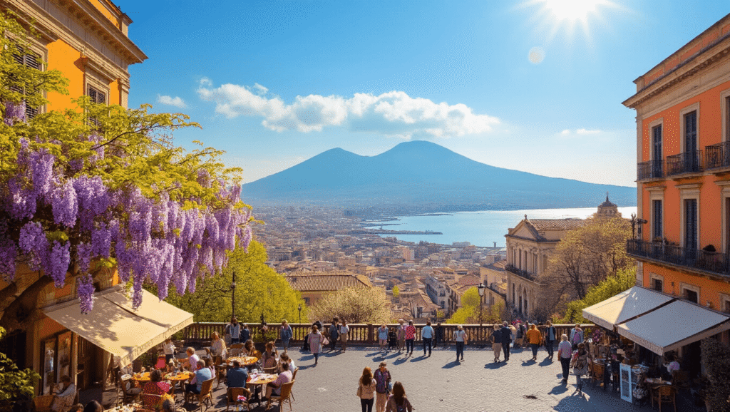 Naples in April: Your Ultimate Spring Travel Guide "Panoramic view of Naples in spring with Mount Vesuvius, a sunny piazza with wisteria and orange trees, people at café tables, historic baroque buildings, Easter decorations, and the Bay of Naples in the distance."