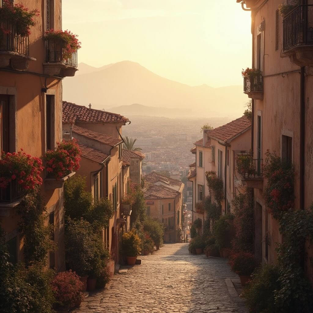 Sunrise in Naples with golden light on historic buildings, cobblestone streets, Mount Vesuvius in distance and spring flowers in window boxes