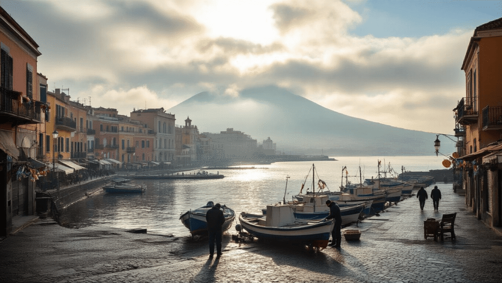 Uncrowded Naples: Your Ultimate February Travel Guide "Misty morning in Naples with Mount Vesuvius in the background, fishermen preparing boats at harbor, colorful waterfront buildings, and subtle signs of Carnival preparations, under soft winter sunlight"