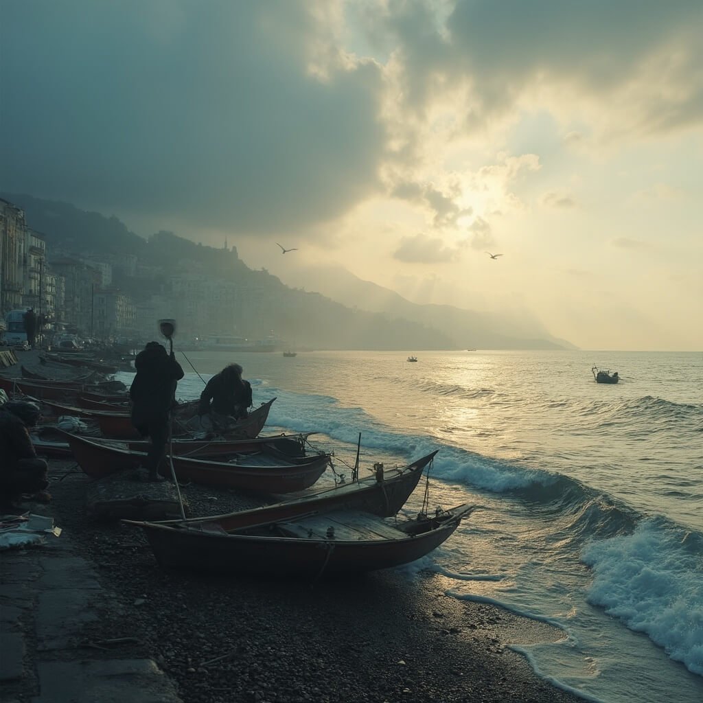 Dramatic winter dawn at Naples seafront, featuring fishermen prepping wooden boats, historic buildings in distance and Mediterranean waters under a sky of misty clouds and soft golden sunlight