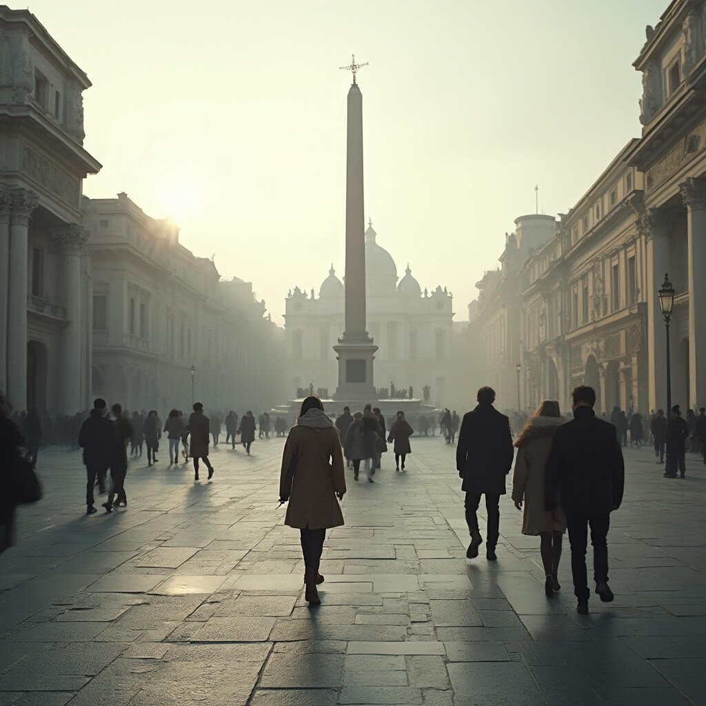 Winter morning at Piazza del Plebiscito in Naples, locals in stylish winter coats crossing square, baroque architecture in misty background with long shadows