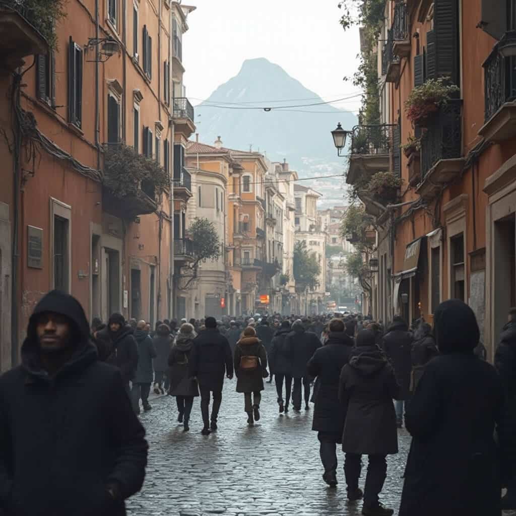 Early morning winter scene in Naples, featuring historic buildings, wet cobblestone streets, people in winter coats, soft lighting, terracotta and stone architecture in muted colors, with Mount Vesuvius in the distance