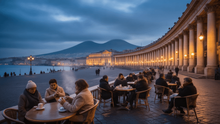 Naples in January: Your Ultimate Off-Season Travel Guide You Never Knew You Needed "Winter twilight at Naples' Piazza del Plebiscito with Royal Palace illumination, locals at an outdoor café, and Mount Vesuvius in the background."
