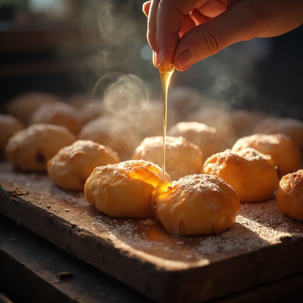 Naples in January: Your Ultimate Off-Season Travel Guide You Never Knew You Needed Hands preparing traditional Neapolitan struffoli pastry balls with golden honey on a rustic wooden kitchen surface, with soft winter sunlight filtering through the window