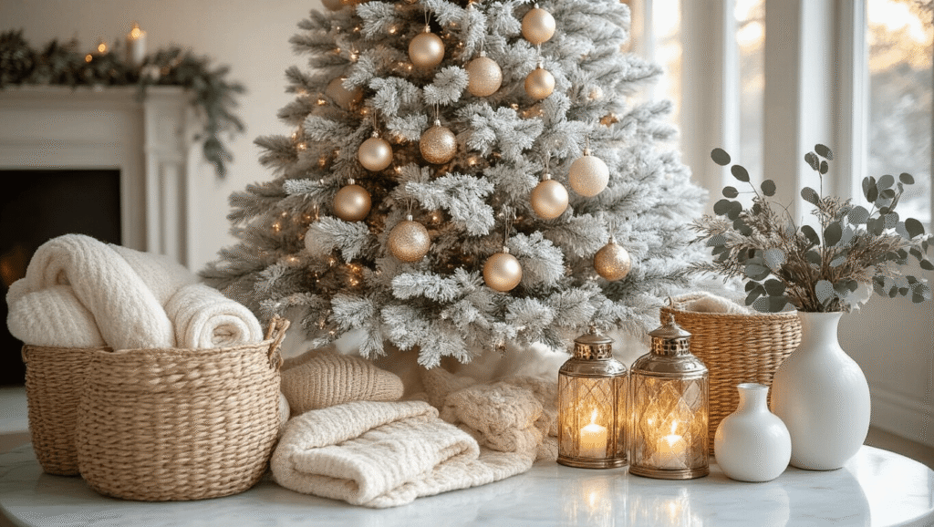 Serene & Stylish: The Ultimate Guide to Neutral Christmas Decor Neutral Christmas vignette featuring a flocked white tree with champagne ornaments, mercury glass lanterns, woven baskets with knit throws, and dried eucalyptus on a marble countertop.