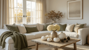 Cinematic wide-angle view of a serene living room bathed in golden hour light, featuring a cream sectional sofa with textured pillows, a chunky knit blanket, a reclaimed wood coffee table with white ceramic pumpkins and dried flowers, surrounded by warm ambient lighting and a natural jute rug, evoking a sophisticated autumn atmosphere.