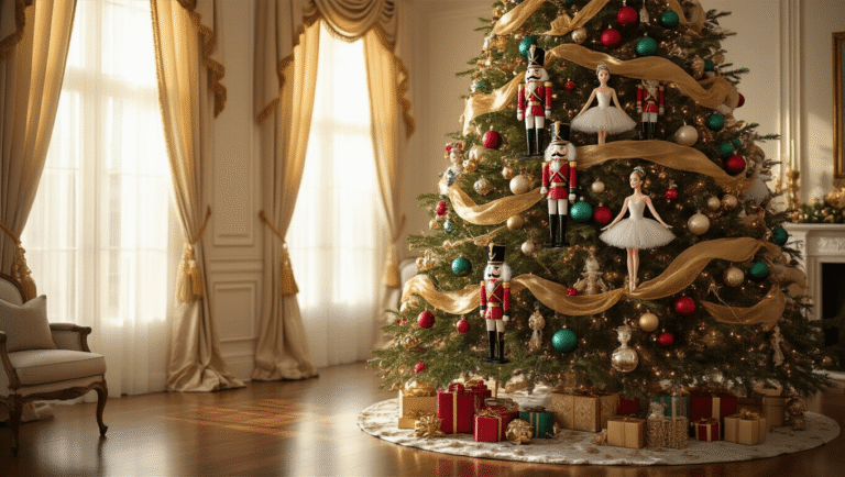 Magical Nutcracker Christmas Tree: Your Ultimate Styling Guide Opulent living room featuring a tall Christmas tree decorated with nutcracker soldier ornaments, ballerina figurines, jewel-toned baubles, and gold ribbons, illuminated by warm golden hour light.