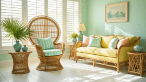 Cinematic wide-angle shot of an inviting Old Florida living room with mint green walls, featuring a vintage rattan peacock chair, pale yellow sofa with striped pillows, bamboo side table with tropical flowers, and warm golden sunlight illuminating textured surfaces.