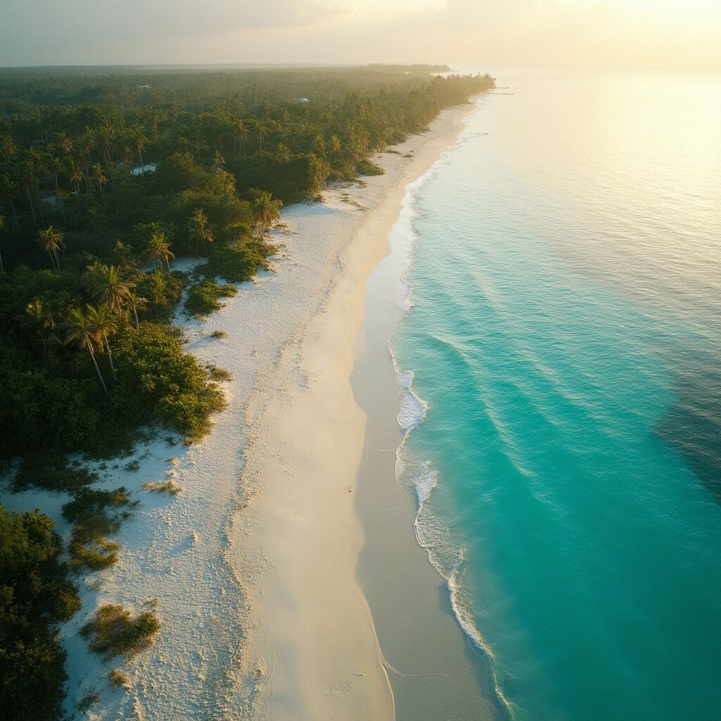 Aerial view of Palm Beach Municipal Beach at sunrise with clear turquoise water, sandy shore, tropical vegetation, and long shadows, taken in a hyper-detailed landscape photography style