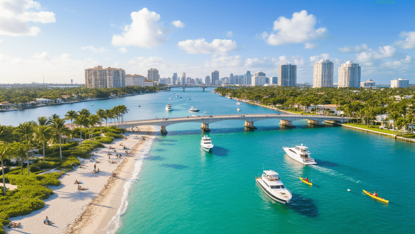 "Aerial view of West Palm Beach featuring turquoise Intracoastal Waterway, luxury yachts, palm trees, spring flowers in Mounts Botanical Garden, Royal Palm Bridge, beachgoers, downtown skyline, kayakers in Grassy Waters Preserve, under partly cloudy skies."