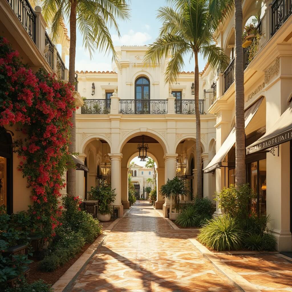 Escape the Frost: Why West Palm Beach is Your December Dream Destination Mediterranean-style courtyard at golden hour in Worth Avenue, Palm Beach, with cream archways, towering palms, bougainvillea flowers, wrought-iron balconies, and high-end boutique storefronts