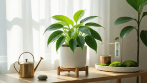 Philodendron Florida Ghost plant in a minimalist white ceramic planter atop a natural wood stand, illuminated by soft morning light, surrounded by a brass watering can, moisture meter, humidity tray with river stones, and a moss pole, in a clean and bright living room setting.
