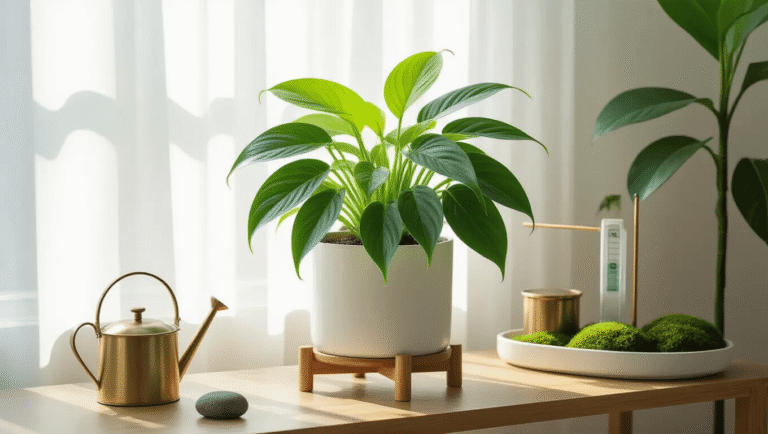 Philodendron Florida Ghost plant in a minimalist white ceramic planter atop a natural wood stand, illuminated by soft morning light, surrounded by a brass watering can, moisture meter, humidity tray with river stones, and a moss pole, in a clean and bright living room setting.