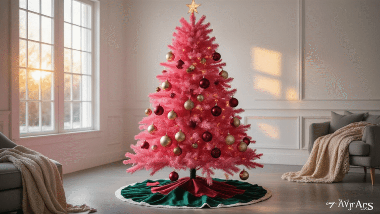 Colorful Christmas Tree: The Ultimate Guide to Festive, Eye-Catching Holiday Decor A vibrant pink artificial Christmas tree adorned with metallic copper, deep burgundy, and champagne gold ornaments, surrounded by a cozy holiday setting with multicolored lights, luxurious textures, and warm ambient lighting.