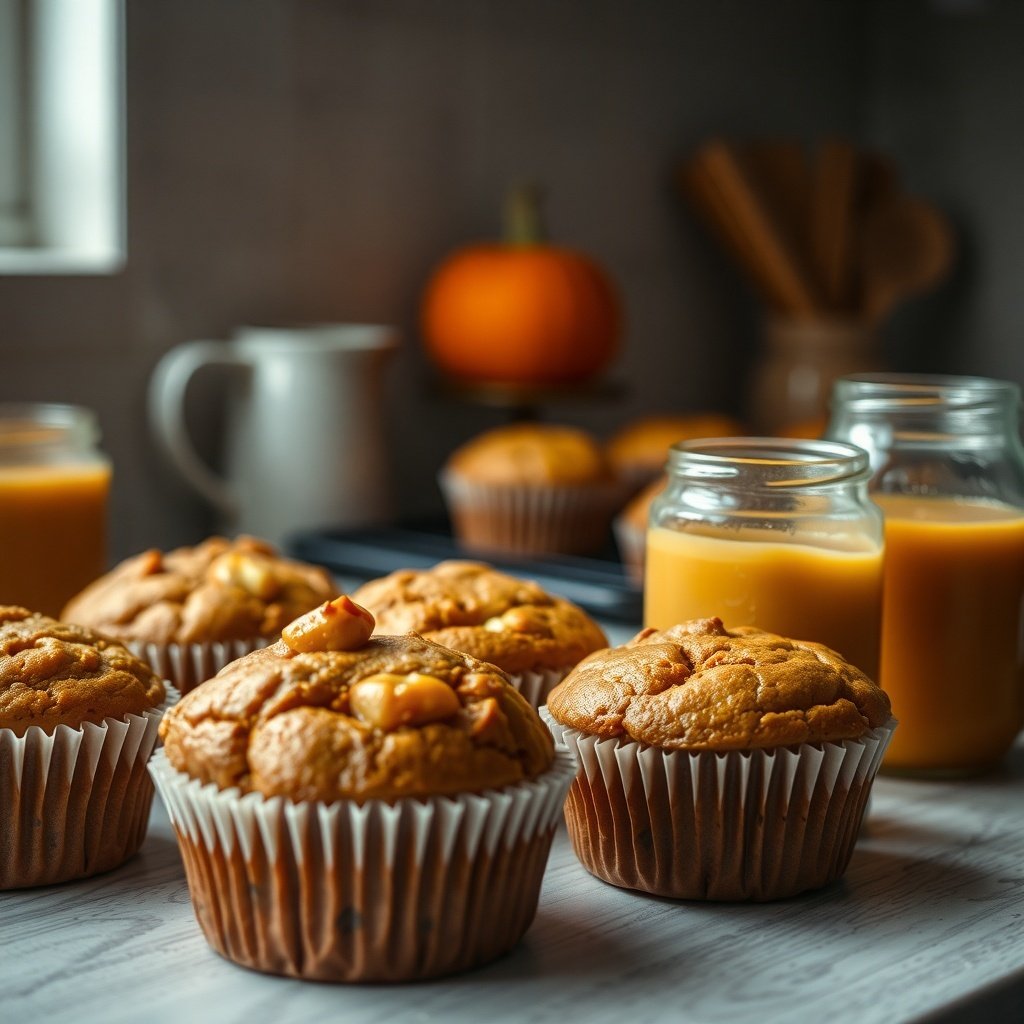 30 Delicious Pumpkin Muffin Recipes You Need to Try Delicious pumpkin muffins with apple sauce, displayed with a small pumpkin and jars of apple juice.