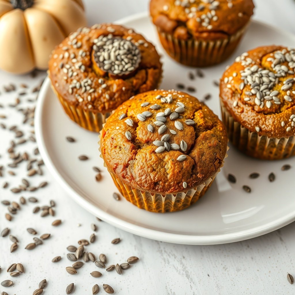 30 Delicious Pumpkin Muffin Recipes You Need to Try Delicious vegan pumpkin muffins topped with sunflower seeds on a white plate.