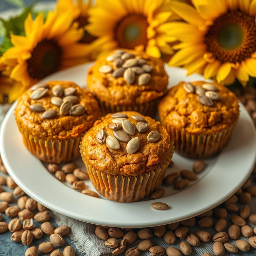 30 Delicious Pumpkin Muffin Recipes You Need to Try A plate of pumpkin muffins topped with sunflower seeds, surrounded by sunflower flowers and coffee beans.
