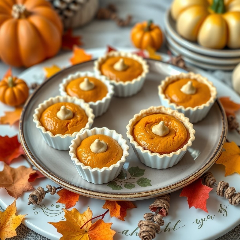 30 Delicious Pumpkin Pie Recipes You Need to Try Mini pumpkin pies in tart shells on a decorative plate surrounded by autumn leaves and pumpkins.