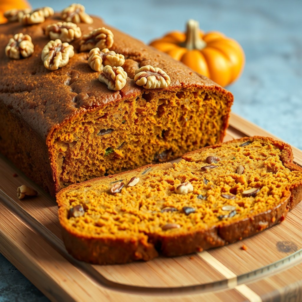 29 Delicious Pumpkin Recipes for Fall Cooking A loaf of pumpkin bread topped with walnuts, sliced to show its moist interior, with small pumpkins in the background.