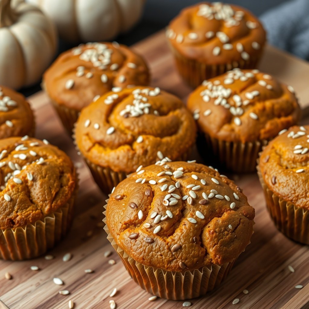 30 Delicious Pumpkin Muffin Recipes You Need to Try Delicious pumpkin muffins topped with sesame seeds on a wooden board.