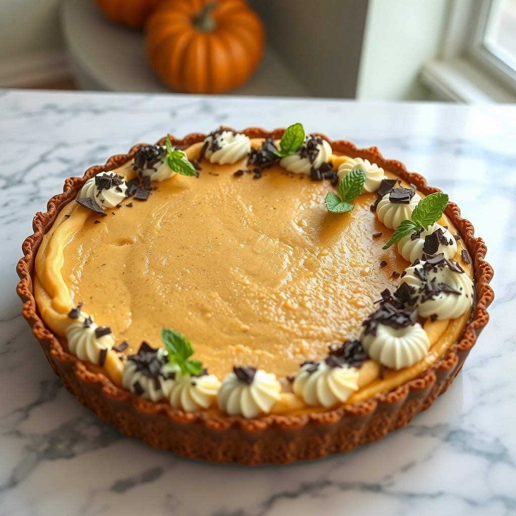 30 Delicious Pumpkin Pie Recipes You Need to Try A no-bake pumpkin pie topped with whipped cream, chocolate shavings, and mint leaves, with pumpkins in the background.