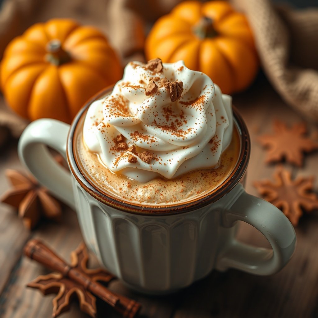 29 Delicious Pumpkin Recipes for Fall Cooking A cozy pumpkin spice latte topped with whipped cream and cinnamon, with pumpkins in the background.