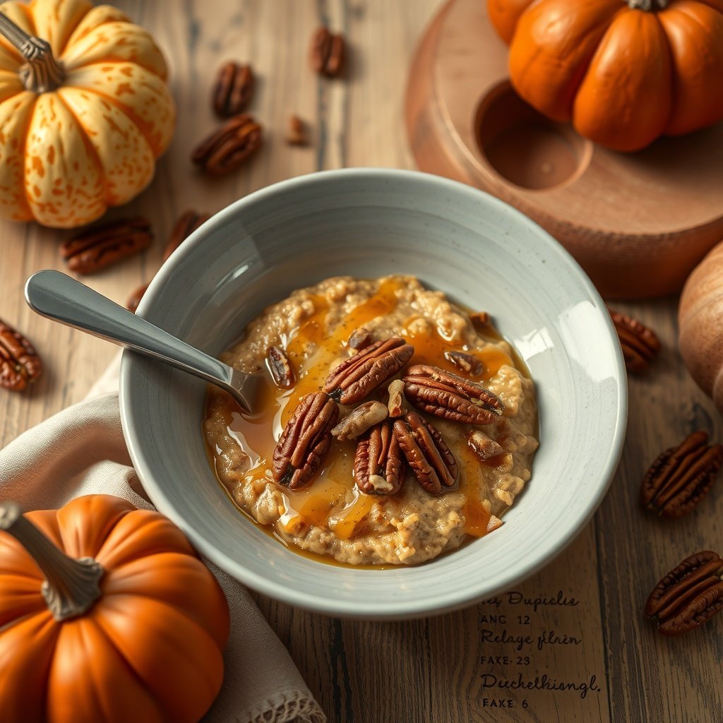 29 Delicious Pumpkin Recipes for Fall Cooking A bowl of pumpkin oatmeal topped with pecans, surrounded by small pumpkins and pecans on a wooden table.