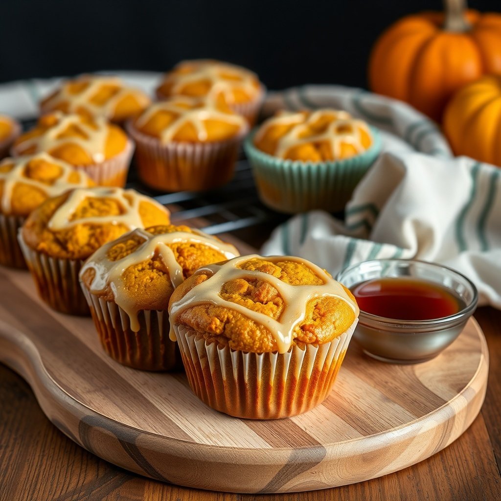 30 Delicious Pumpkin Muffin Recipes You Need to Try Maple glazed pumpkin muffins on a wooden platter with a small bowl of maple syrup