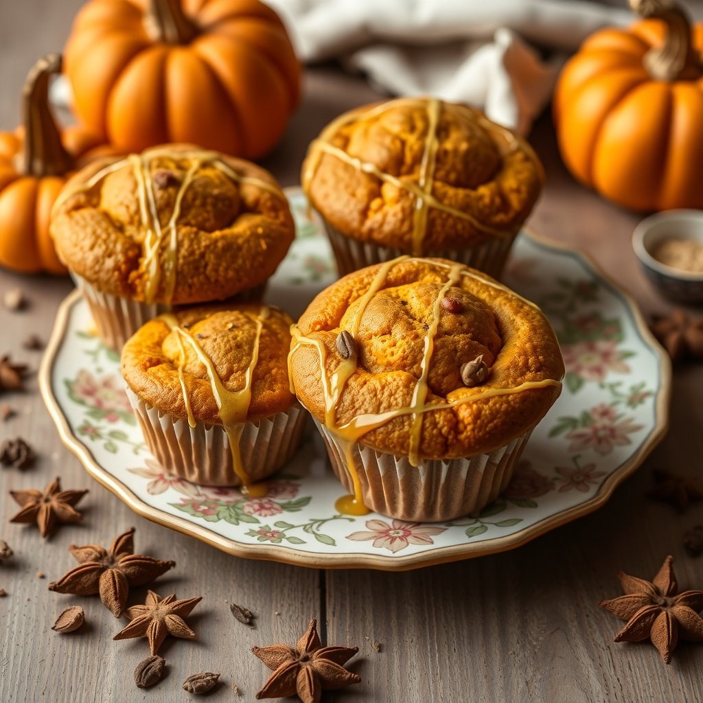 30 Delicious Pumpkin Muffin Recipes You Need to Try A plate of pumpkin muffins drizzled with glaze, surrounded by pumpkins and star anise.