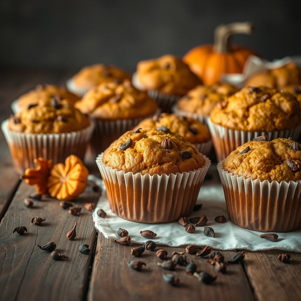 30 Delicious Pumpkin Muffin Recipes You Need to Try Delicious pumpkin muffins with chocolate chips on a wooden table, surrounded by small pumpkins and spices.