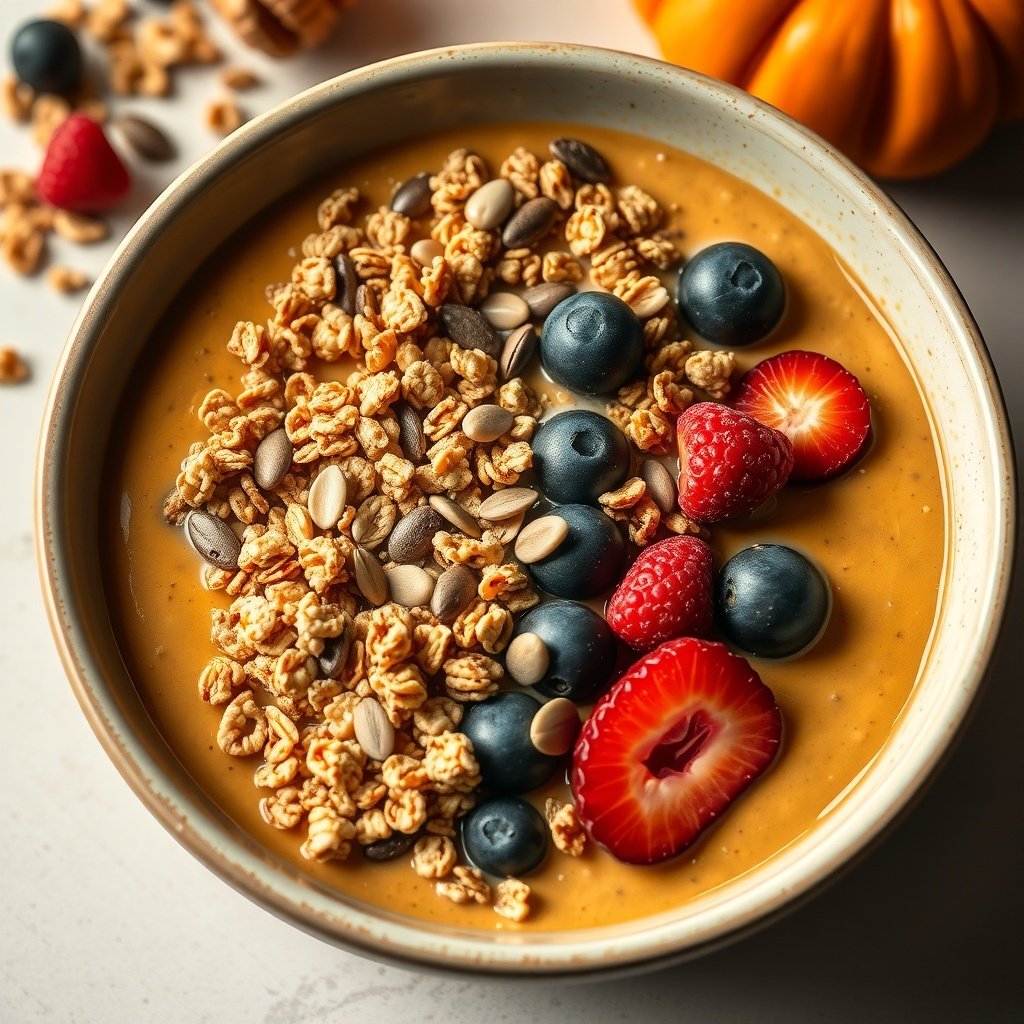 29 Delicious Pumpkin Recipes for Fall Cooking A delicious pumpkin smoothie bowl topped with granola, blueberries, strawberries, and raspberries.