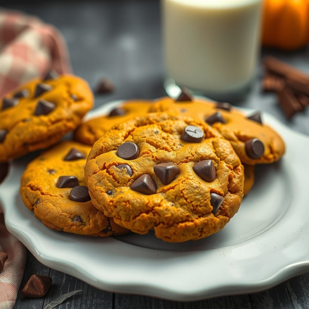 29 Delicious Pumpkin Recipes for Fall Cooking A plate of pumpkin chocolate chip cookies with chocolate chips on top, next to a glass of milk.