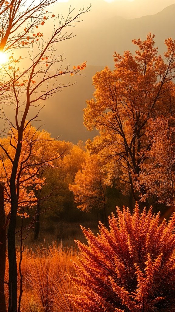 50 Gorgeous Fall Wallpapers to Transform Your Space Golden hour sunlight illuminating fall foliage with vibrant orange and gold leaves.