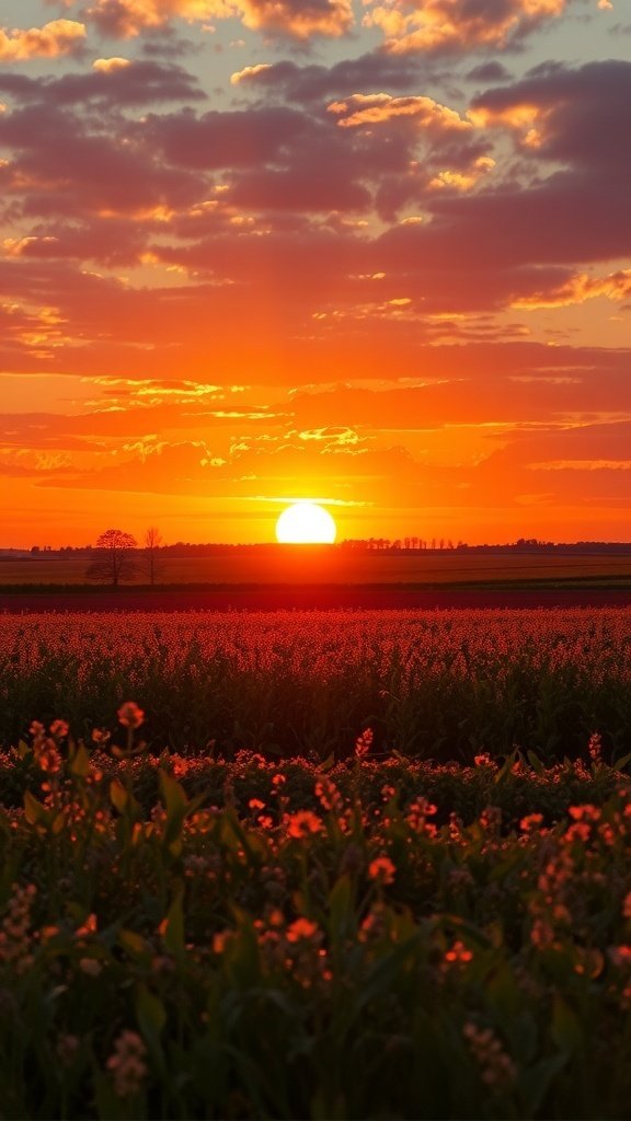 50 Gorgeous Fall Wallpapers to Transform Your Space A beautiful sunset over fields with warm orange and gold hues.