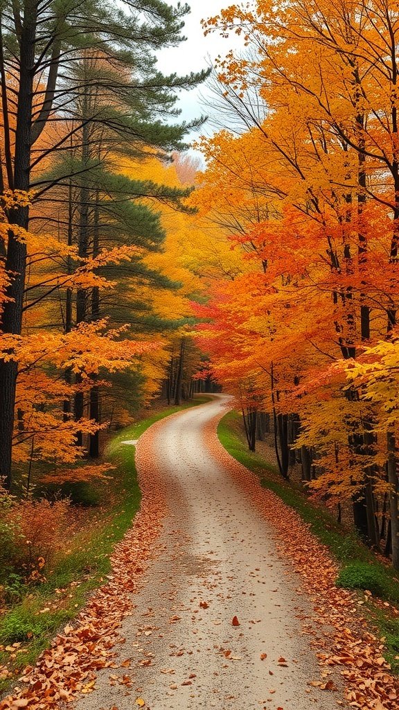 50 Gorgeous Fall Wallpapers to Transform Your Space A winding path surrounded by trees with vibrant fall foliage.