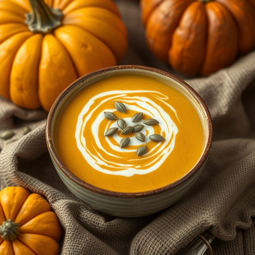 29 Delicious Pumpkin Recipes for Fall Cooking A bowl of pumpkin spice soup with a swirl of cream and pumpkin seeds on top, surrounded by fresh pumpkins.