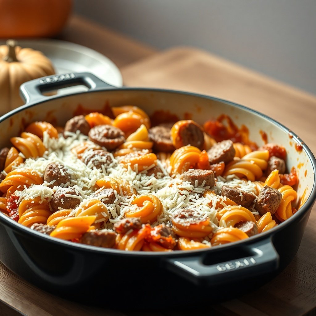29 Delicious Pumpkin Recipes for Fall Cooking A delicious pumpkin and sausage pasta bake topped with cheese, ready to be served.