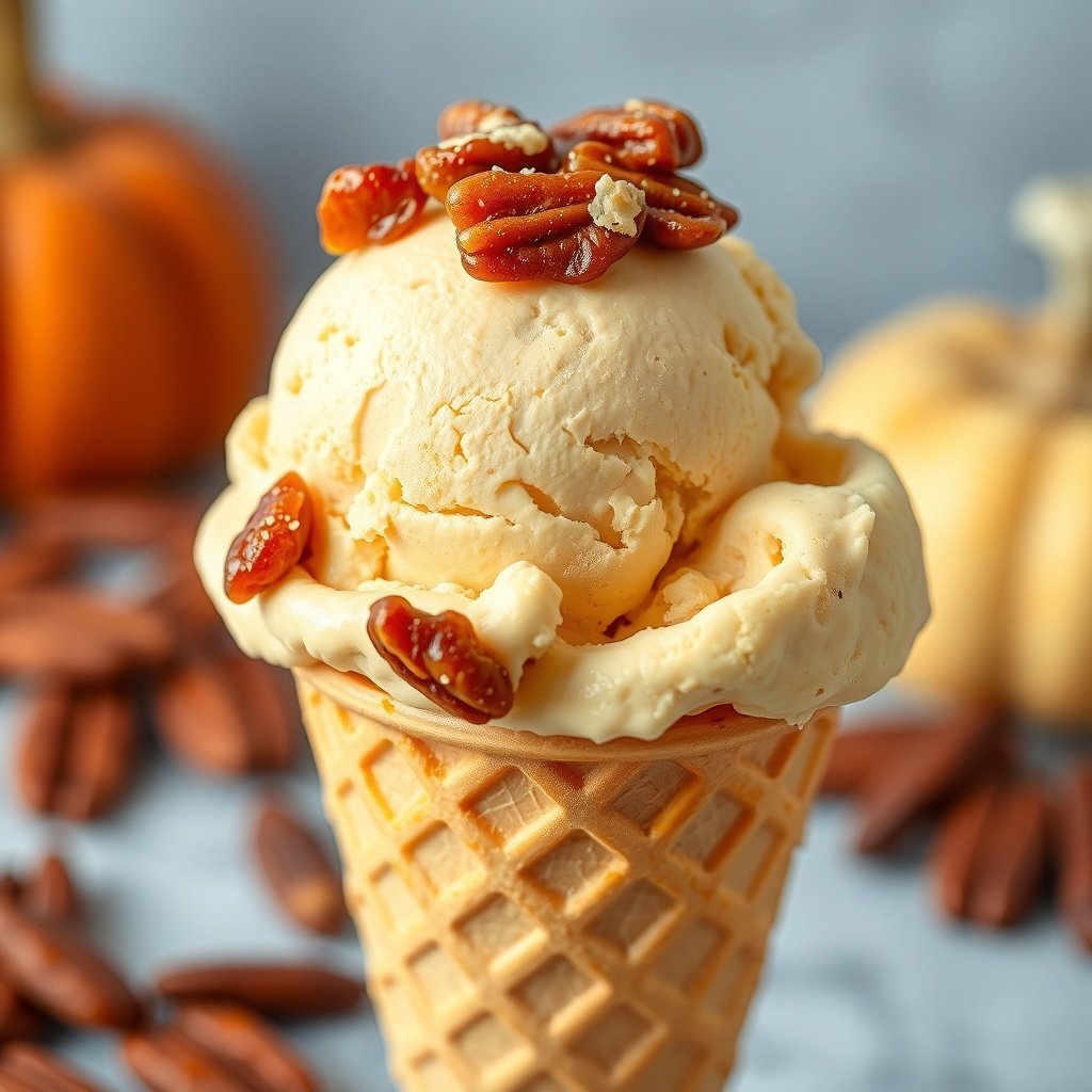 29 Delicious Pumpkin Recipes for Fall Cooking A delicious scoop of pumpkin ice cream topped with candied pecans in a waffle cone.