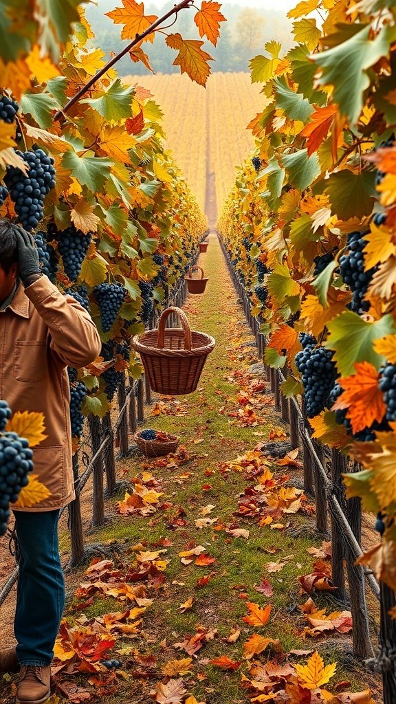 50 Gorgeous Fall Wallpapers to Transform Your Space A vineyard in fall with grape harvesting, featuring colorful leaves and ripe grapes.